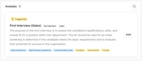 Suggested interview kit titled "First Interview (Sales)" designed to assess a candidate’s qualifications, skills, and fit for a sales role, with tags highlighting key traits like sales experience, communication skills, and friendliness.
