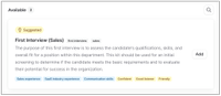 Suggested interview kit titled "First Interview (Sales)" designed to assess a candidate’s qualifications, skills, and fit for a sales role, with tags highlighting key traits like sales experience, communication skills, and friendliness.
