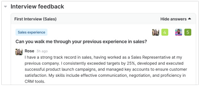 Interview feedback entry for the "First Interview (Sales)" stage, showing a candidate’s detailed response about their sales experience, rated positively by two reviewers with scores of 4 and 5.