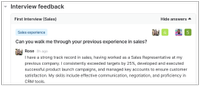 Interview feedback entry for the "First Interview (Sales)" stage, showing a candidate’s detailed response about their sales experience, rated positively by two reviewers with scores of 4 and 5.