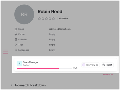 Profile view of a job applicant named Robin Reed, showing a 76% match for the "Sales Manager" position, with options to move to interview or reject.