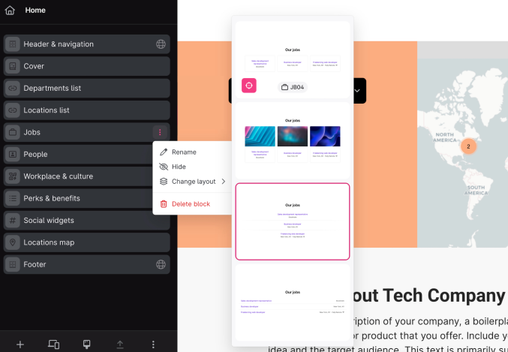 Career site editor showing layout customization for the “Jobs” block. A dropdown displays multiple layout style options, and actions like Rename, Hide, Change layout, and Delete block are available. A world map is partially visible on the right.