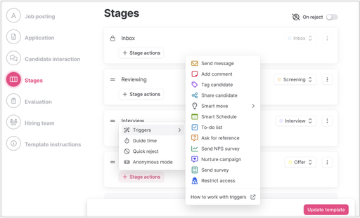 “Stages” settings view for a hiring workflow, showing stage actions menu expanded under “Interview.” Trigger options include Send message, Add comment, Smart move, Nurture campaign, and more. “Update template” button appears at the bottom.