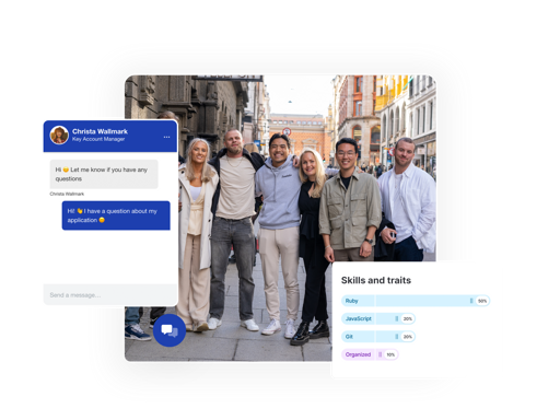 A happy team, our candidate chat feature and a skills chart