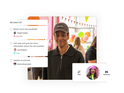A person and snapshots of a to-do list and a new hire notification in the ATS