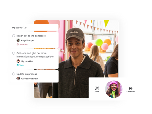 A person and snapshots of a to-do list and a new hire notification in the ATS
