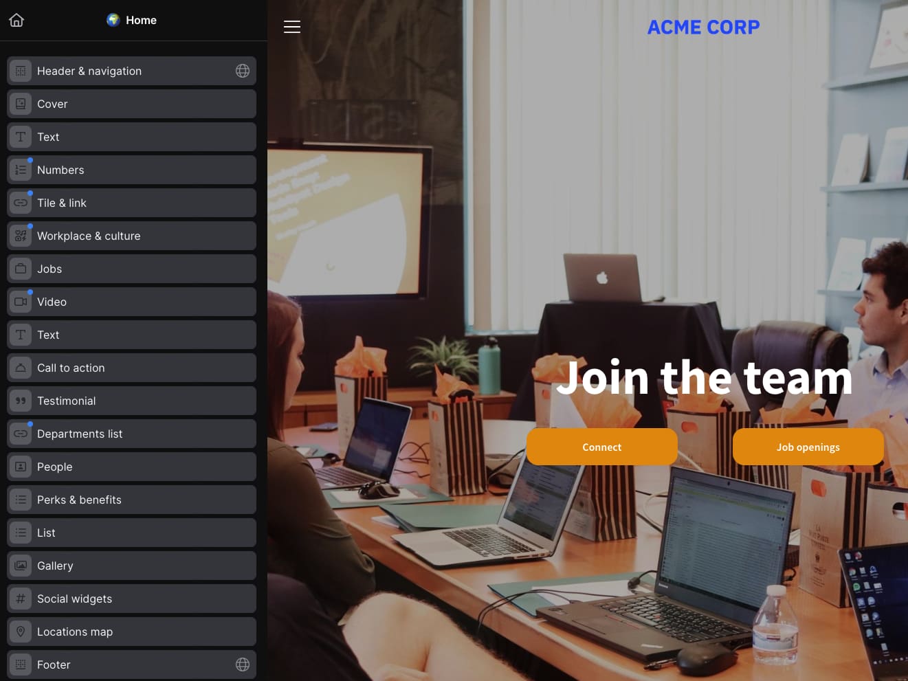 Teamtailor career site editor with a block list and a "Join the team" cover preview