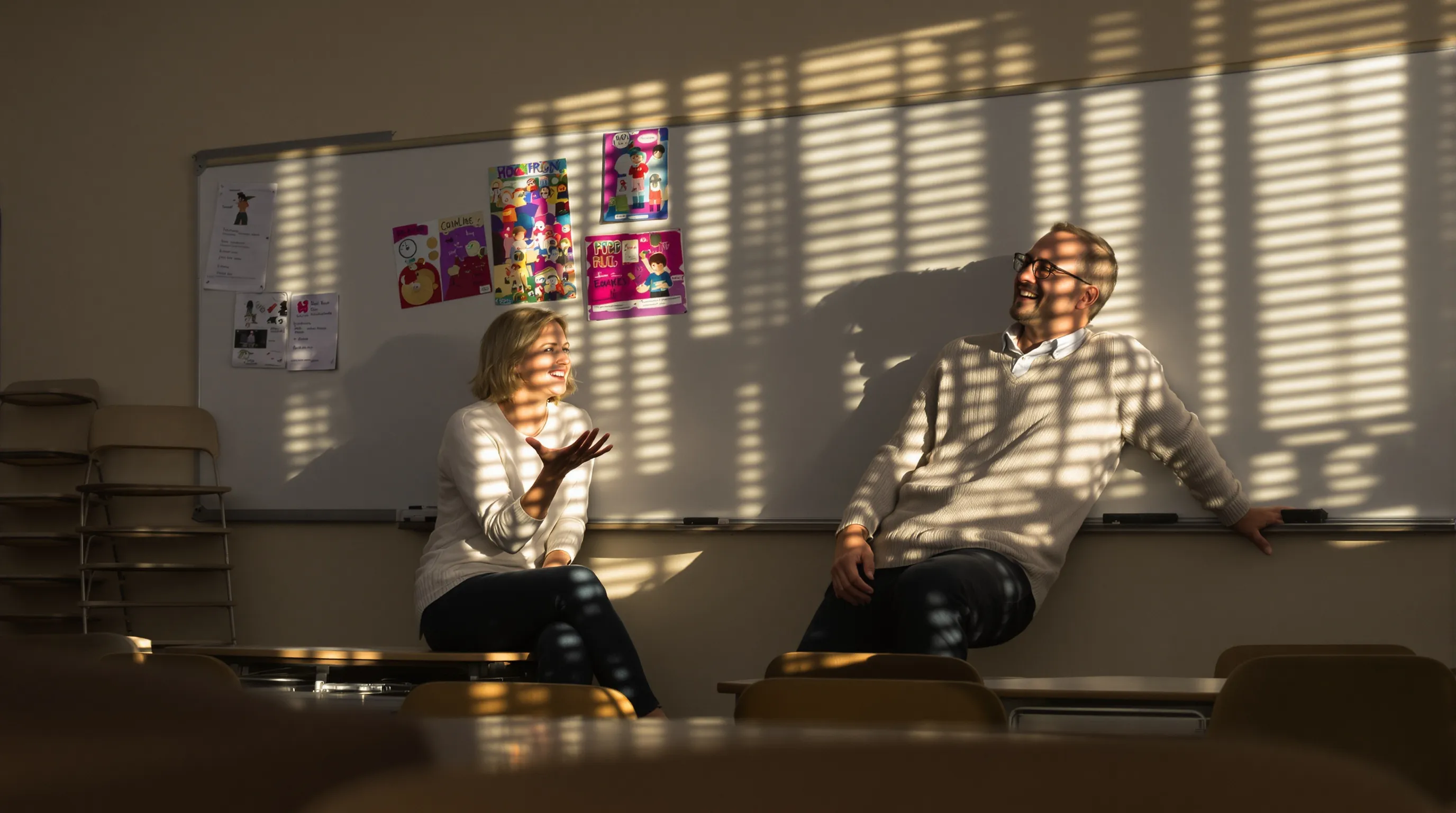 A teacher talking with a colleague in an empty classroom after the school day