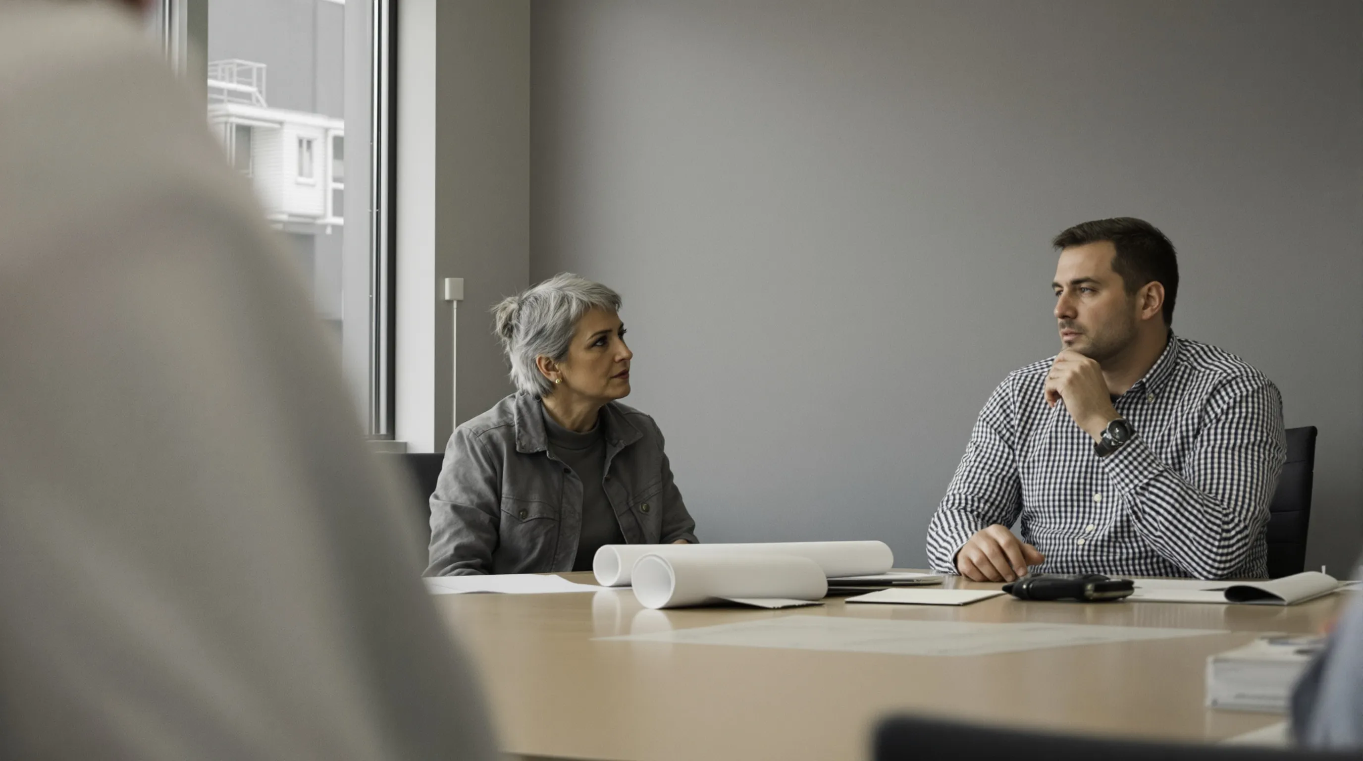 Engineers and a hiring manager talking around a meeting-room table