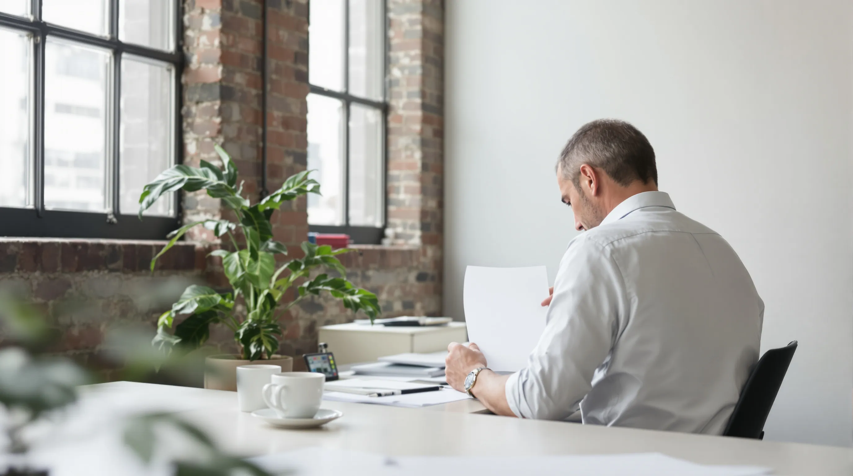 A recruiter reading a candidate CV at a desk in the Klohn Crippen Berger office