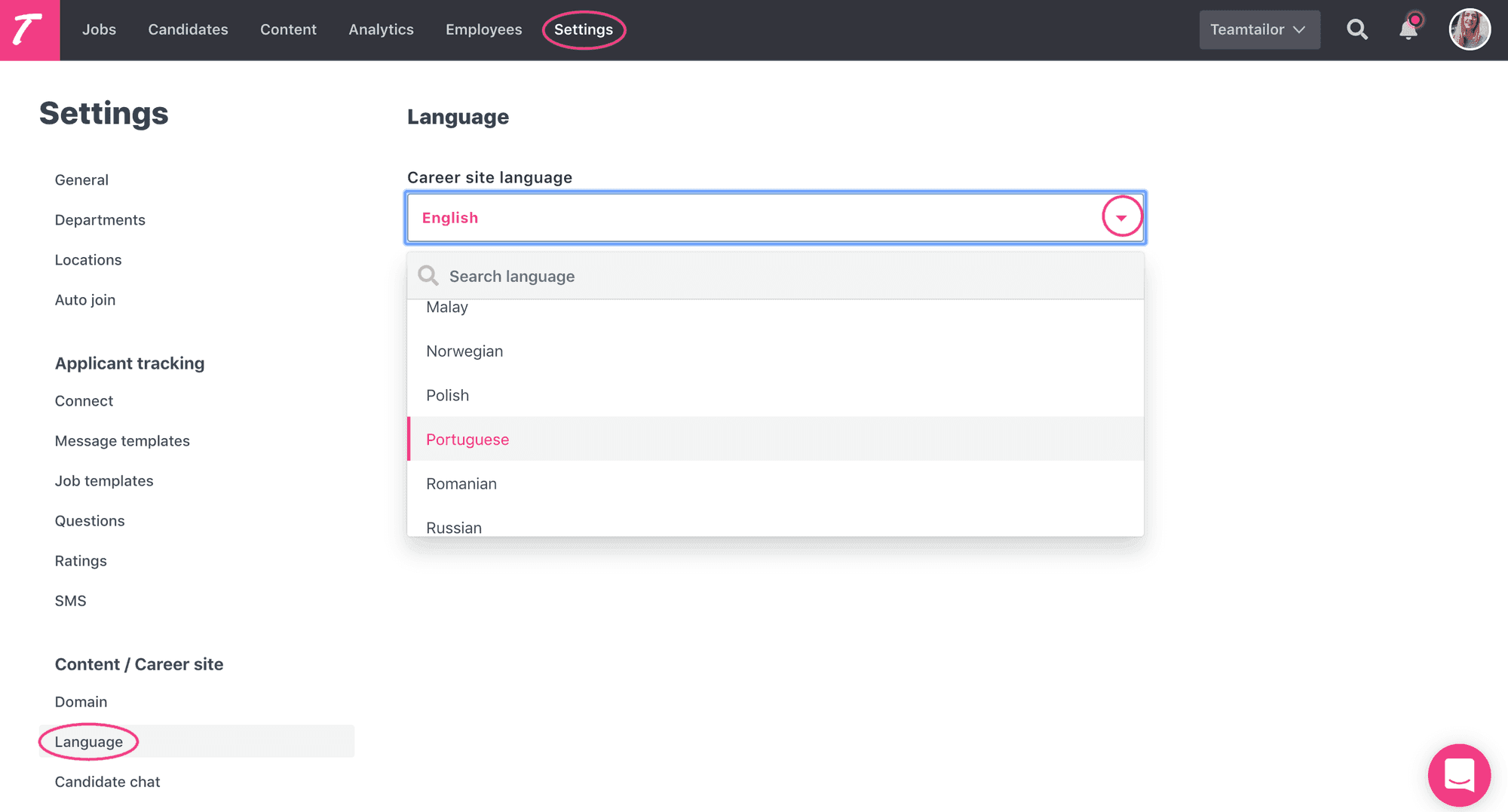 language drop down screenshot