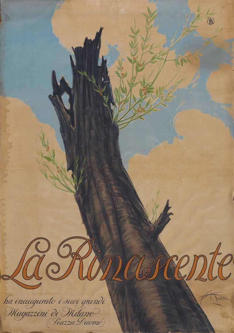 Manifesto d'epoca La Rinascente con un tronco bruciato da cui rinascono nuovi rami