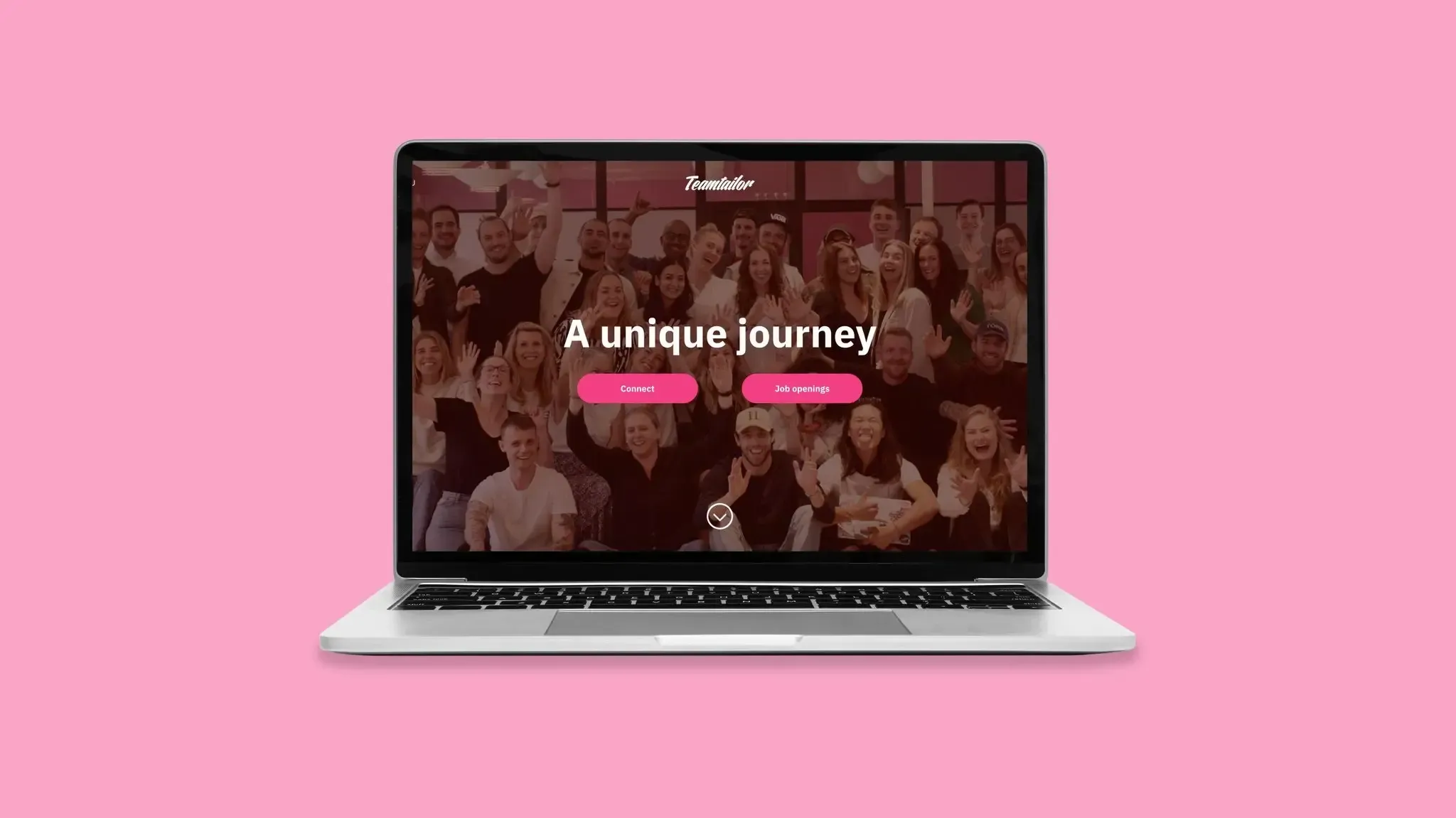 A laptop on a pink background with the Teamtailor careers page on the screen